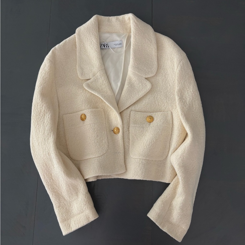 Zara Women's Cream Blazer with Gold Buttons